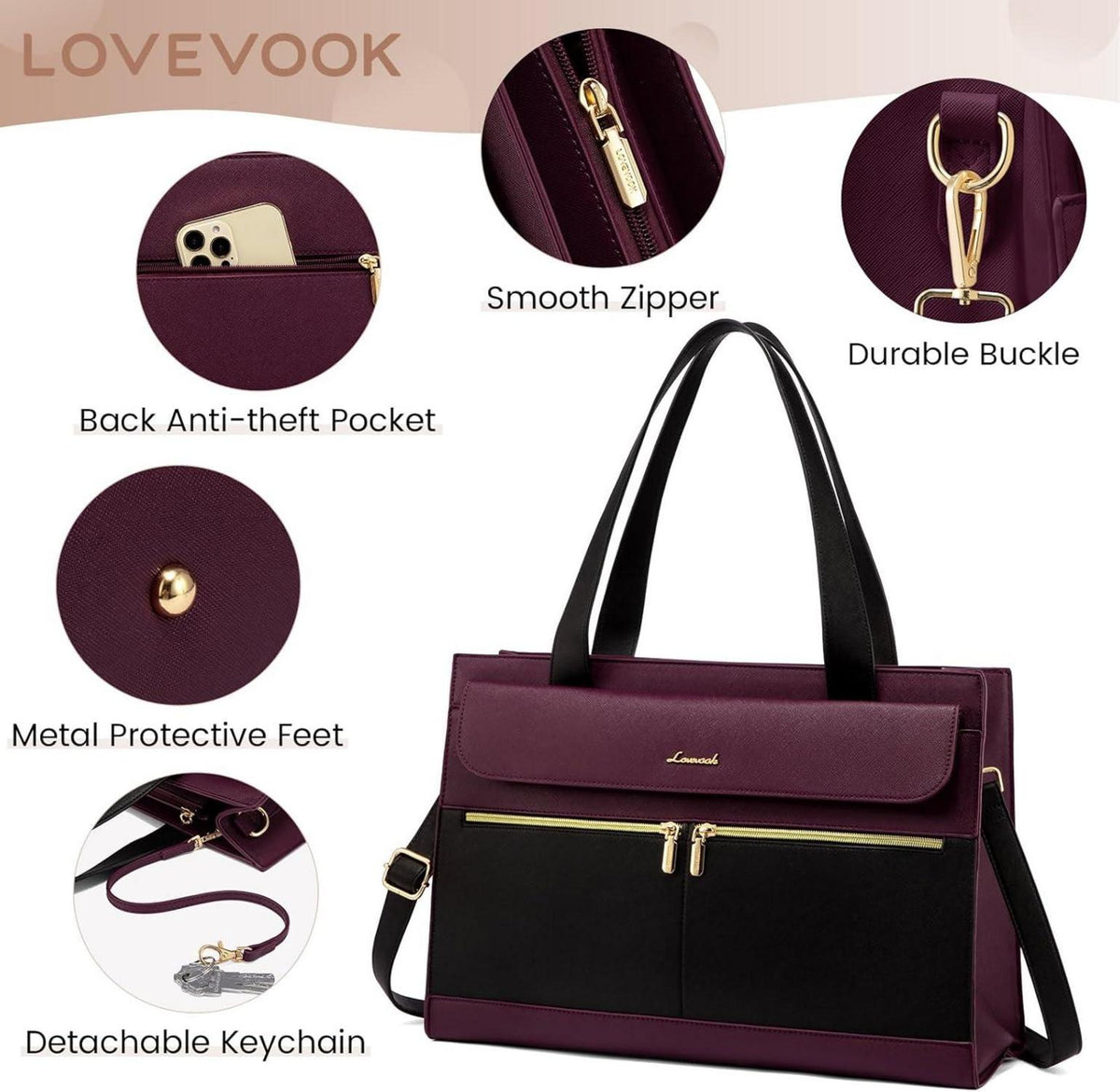 Laptoptasche Damen 17,3 Zoll Elegant Handtasche PU Leder Violett