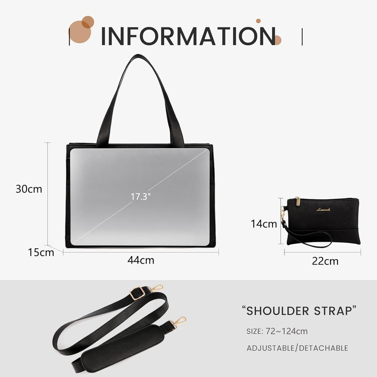 Laptop Handtasche Damen 17,3 Zoll Schwarz PU Leder Wasserdicht