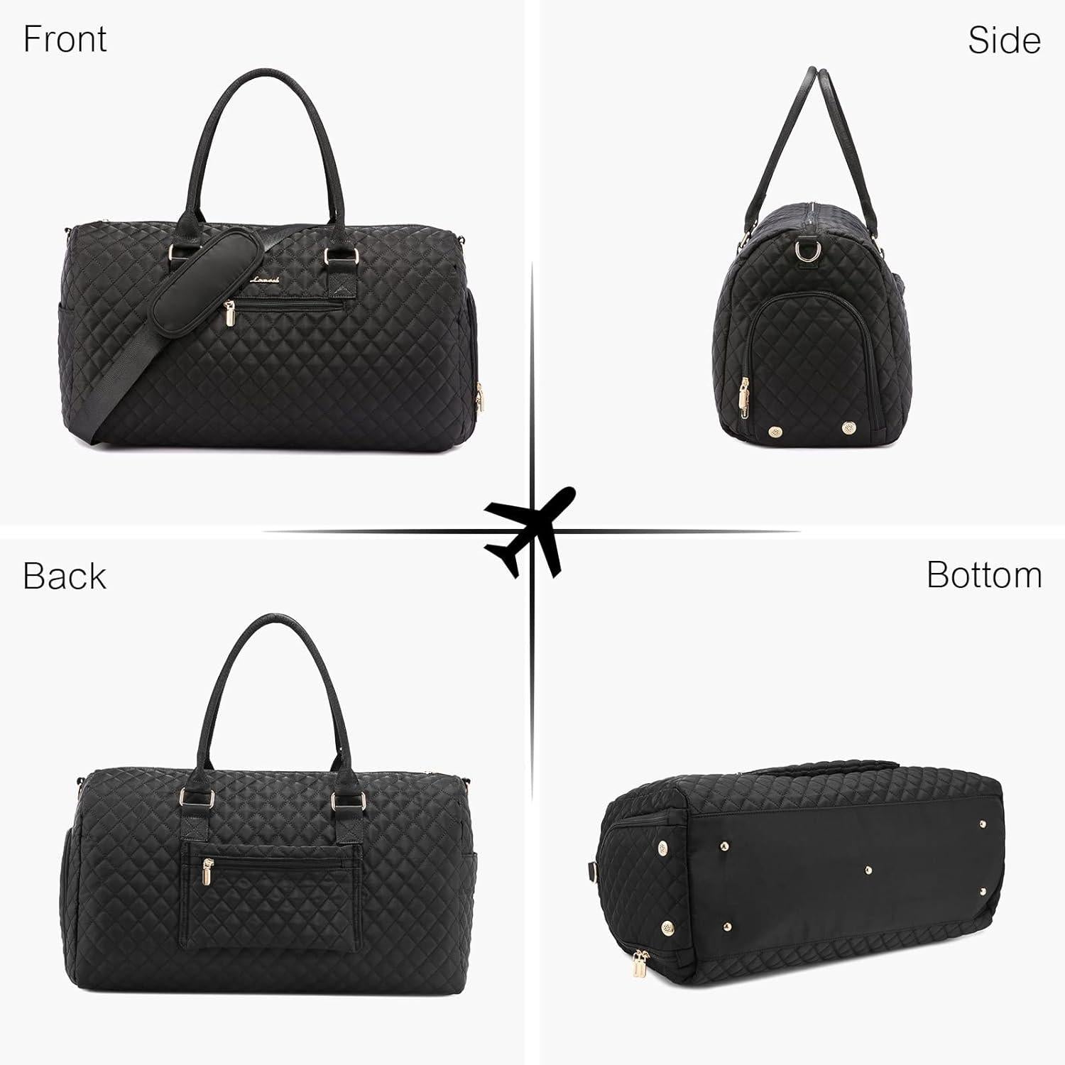 Weekender Reisetasche Schwarz Damen 45L für Gym Flugzeug Nassfach