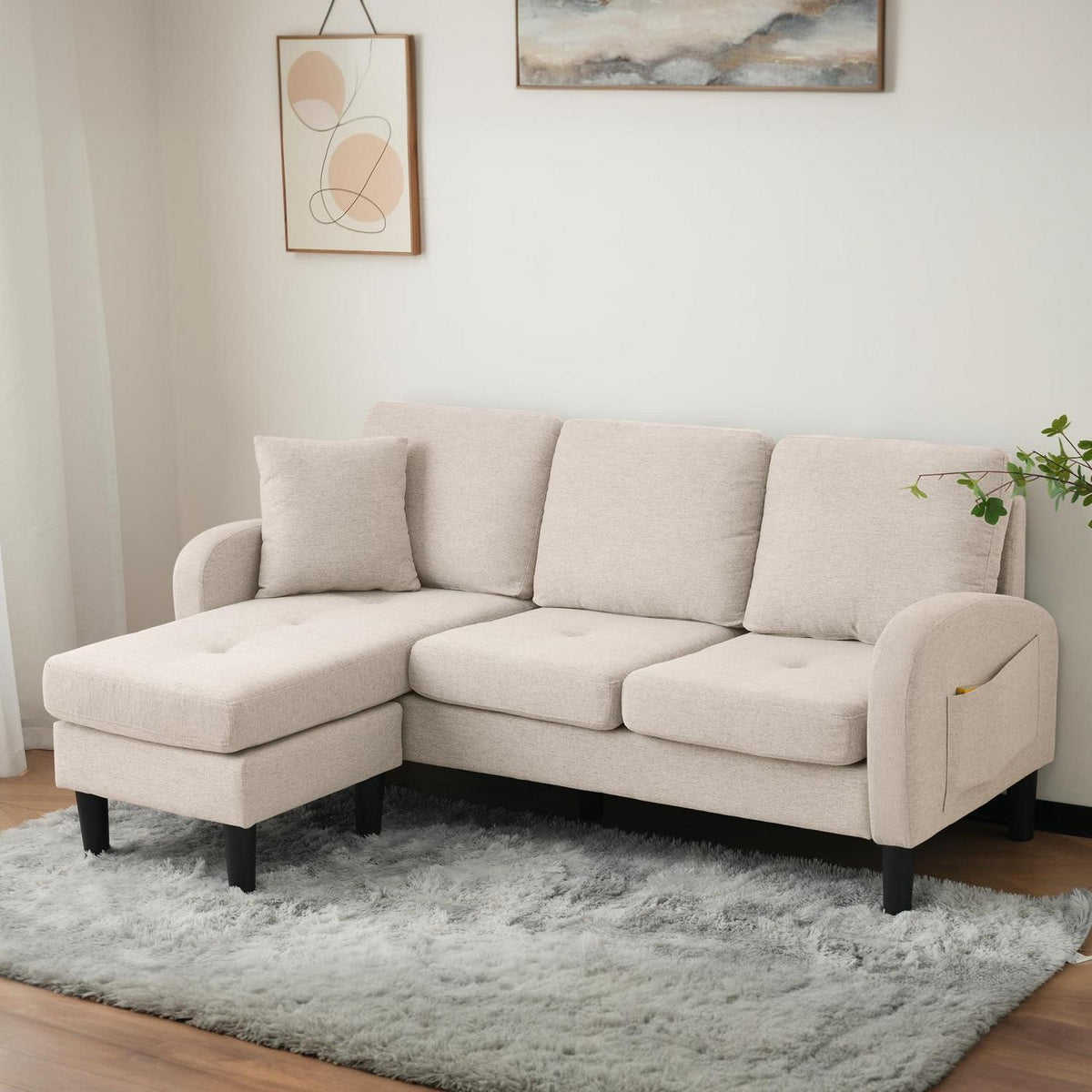 L-förmiges Ecksofa 3-Sitzer, Beige, Baumwolle & Leinen