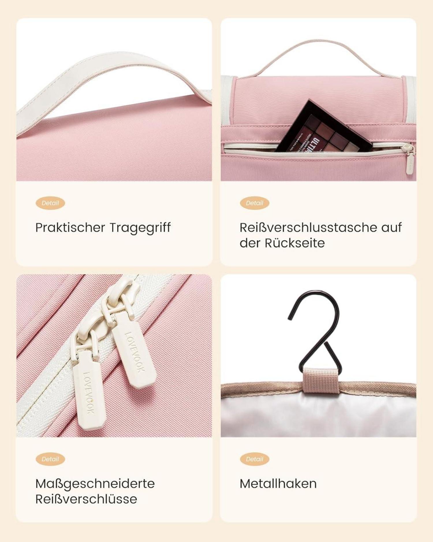 Kulturtasche Damen Wasserdicht zum Aufhängen Groß Rosa