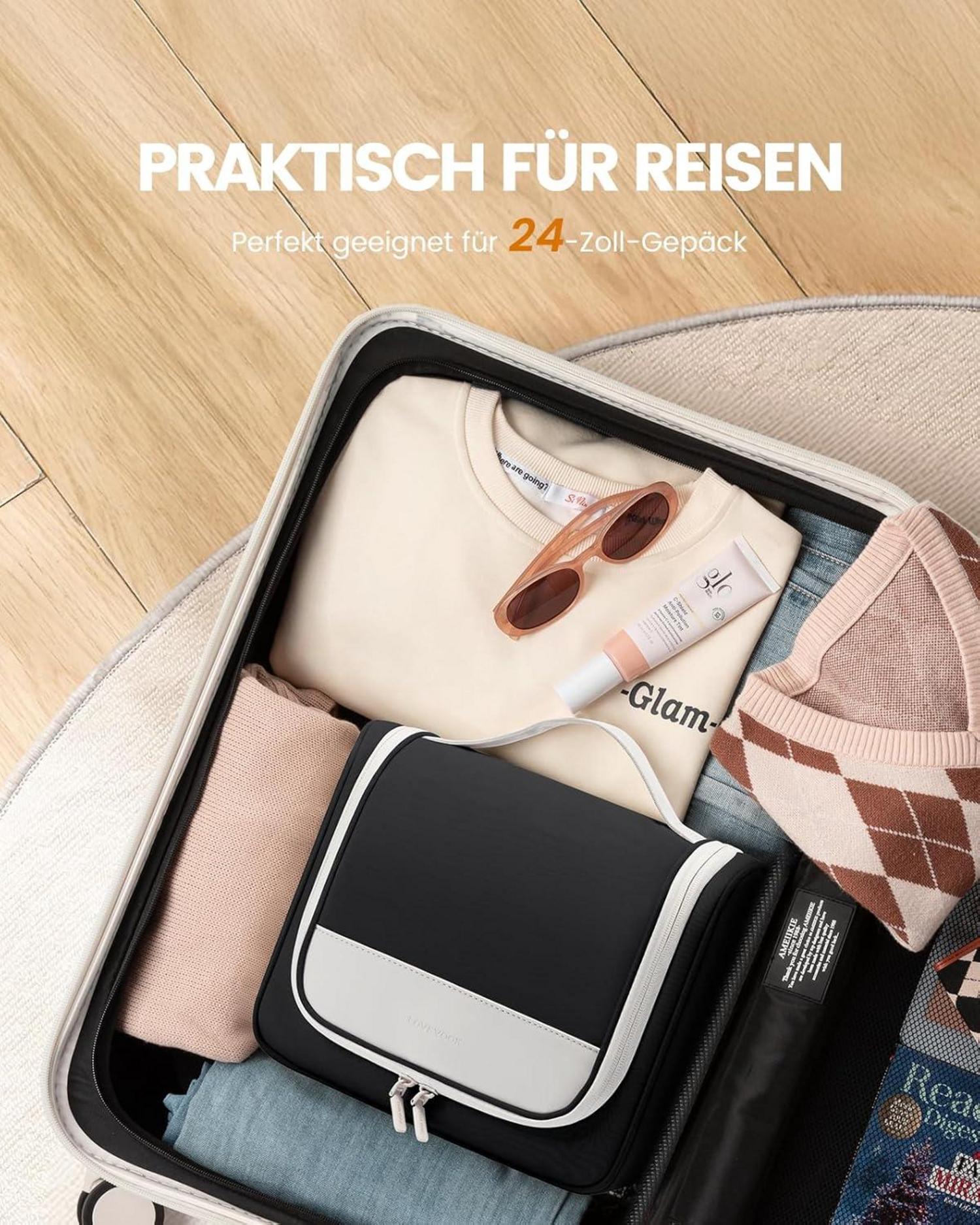 Großer LOVEVOOK Kulturbeutel mit Haken und wasserdichtem Fach, Schwarz