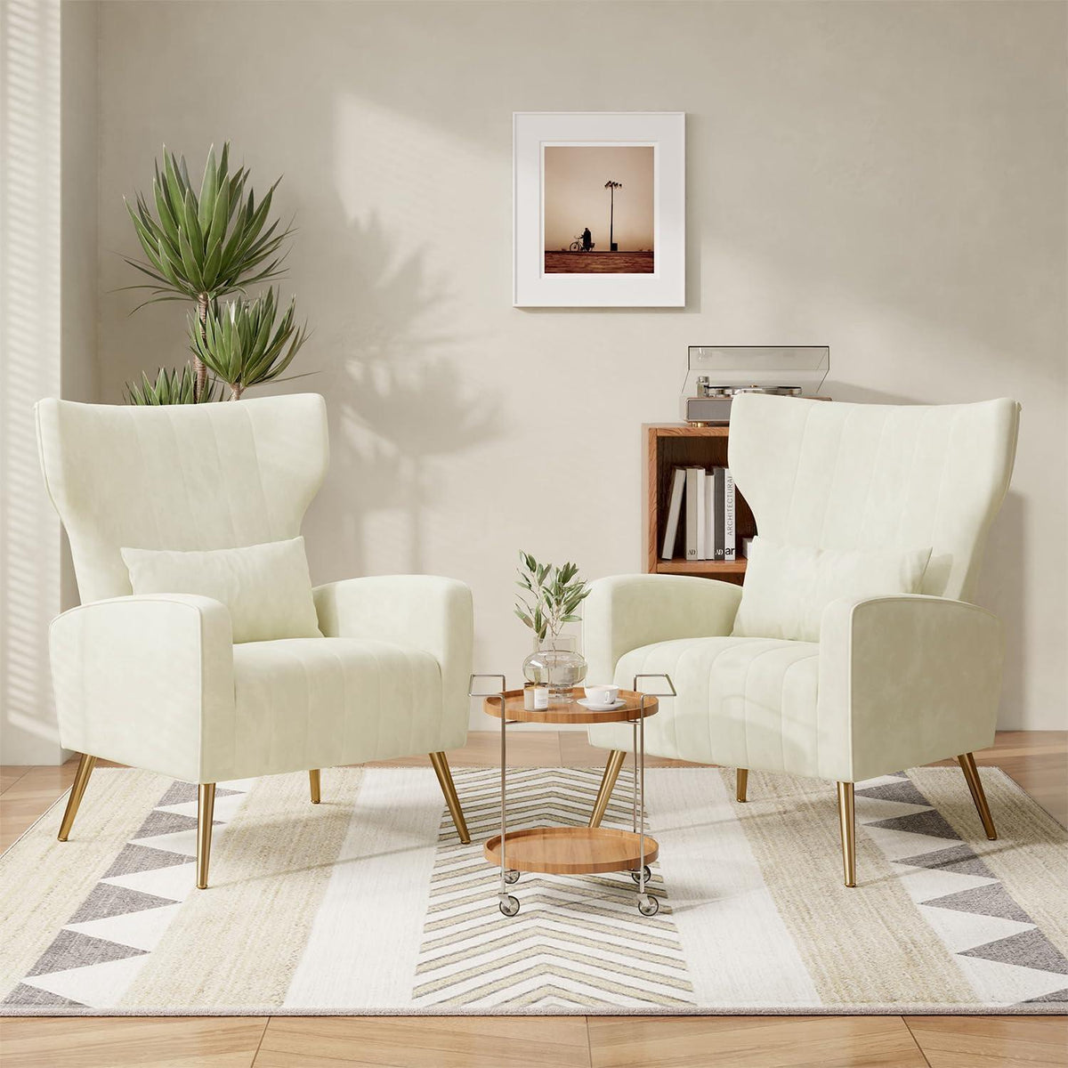 Relaxsessel 2er-Set mit Kopfkissen & Goldfüßen, Beige