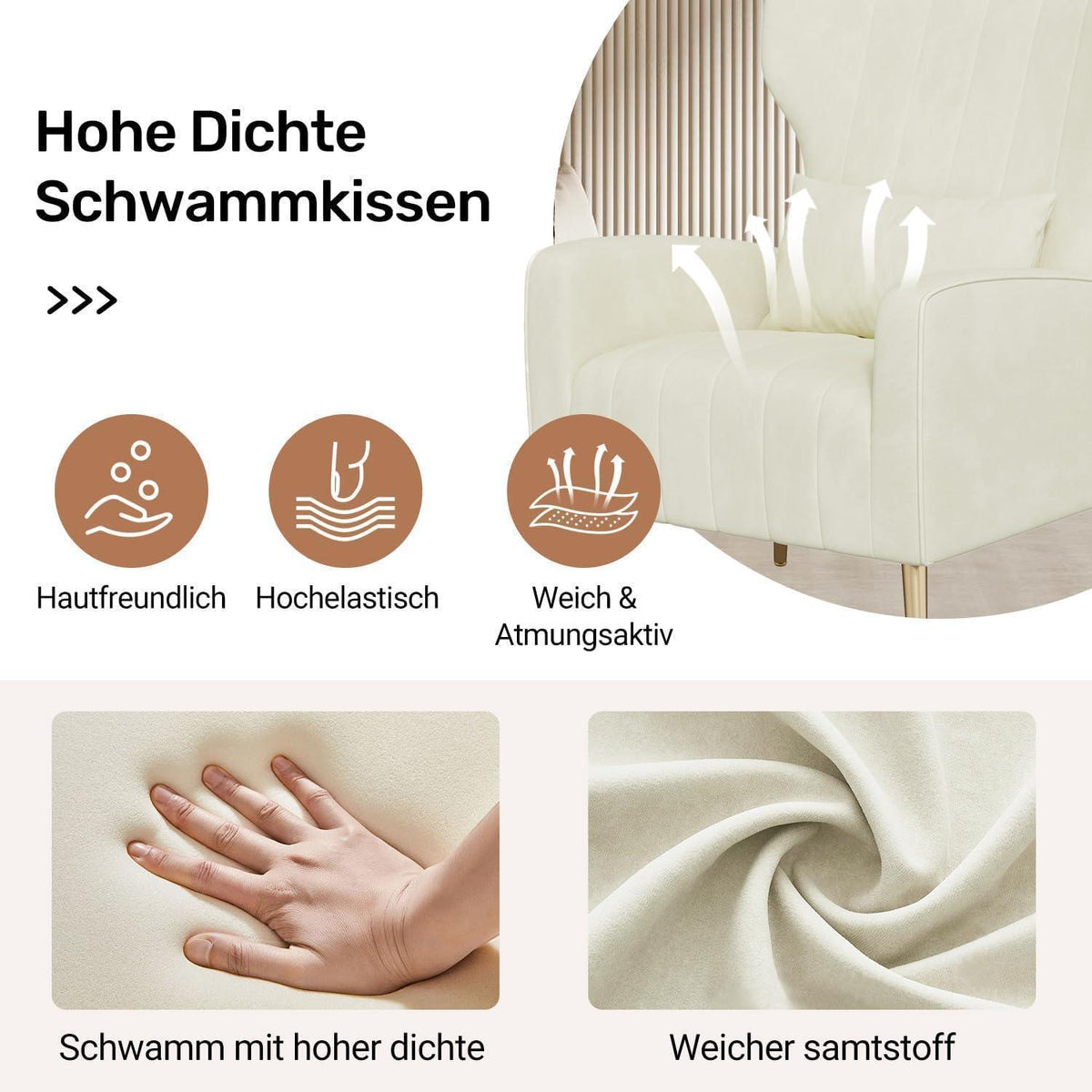 Relaxsessel 2er-Set mit Kopfkissen & Goldfüßen, Beige