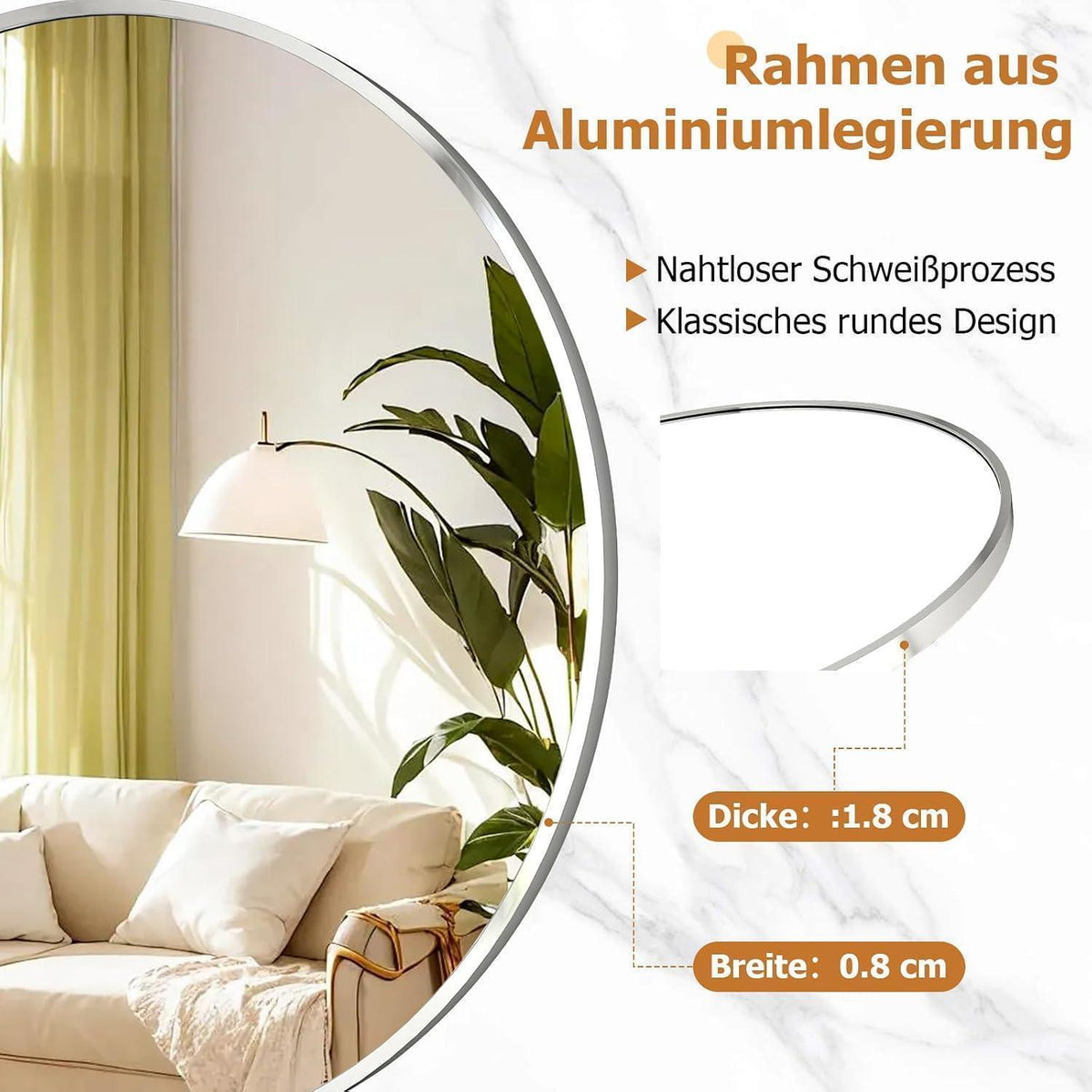Runder Wandspiegel 106cm Aluminium Silber – Modern & Elegant