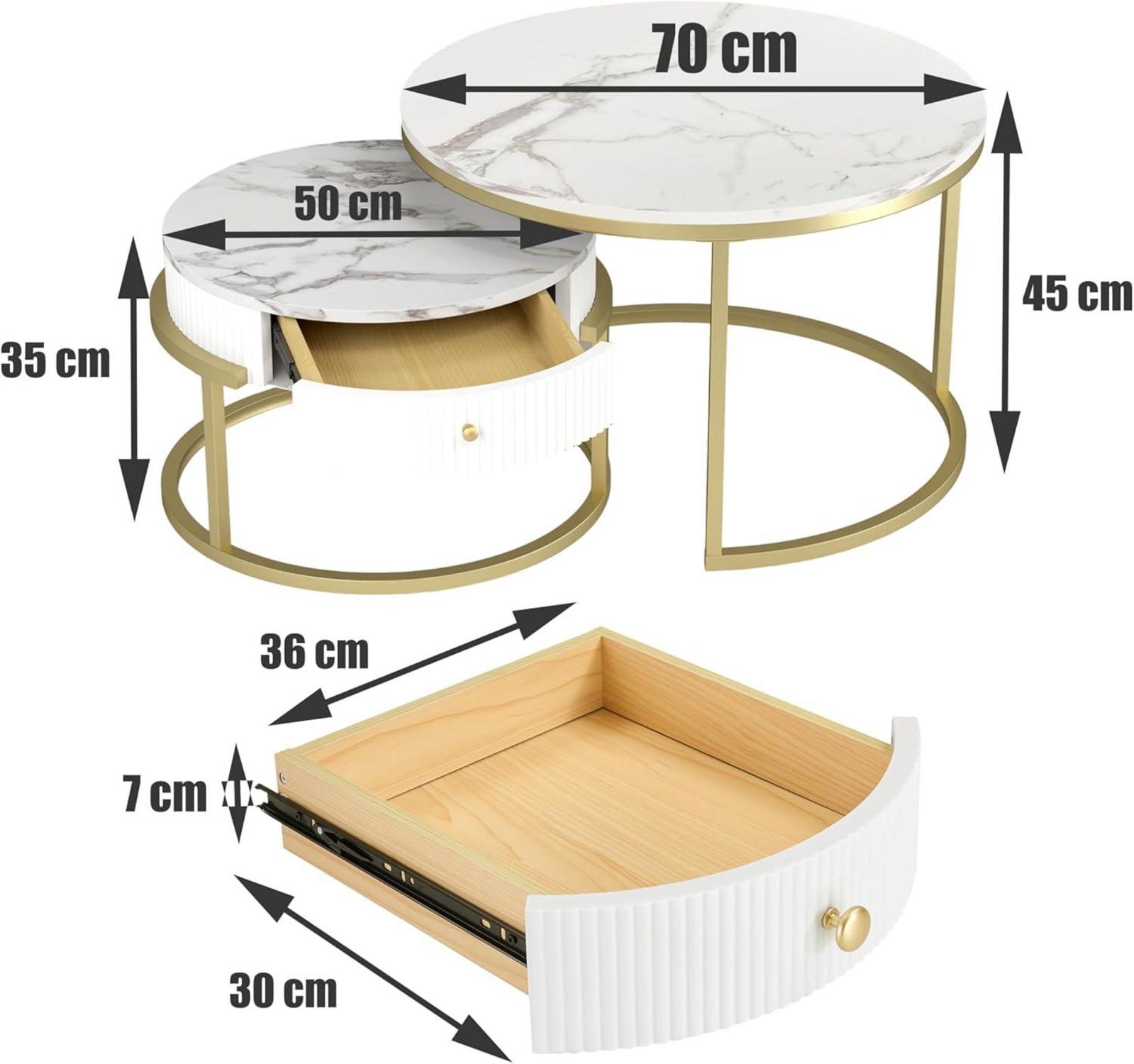 Runder Couchtisch Weiß mit Stauraum 2er Set Marmor Gold
