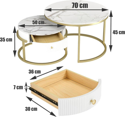 Runder Couchtisch Weiß mit Stauraum 2er Set Marmor Gold
