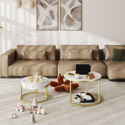 Runder Couchtisch Set mit Stauraum Weiß Gold Marmor 2er Wohnzimmertisch Modern