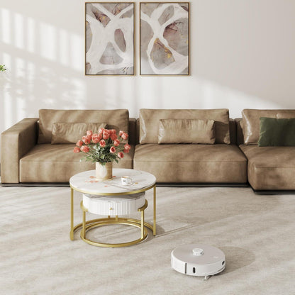 Runde Couchtische Weiß Gold Marmor 2er Set Stauraum WoZi Modern