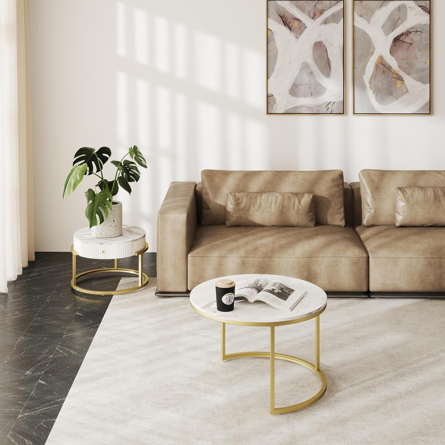 Couchtische Rund mit Stauraum 2er Set Weiß Gold Marmor Modern 70 & 50