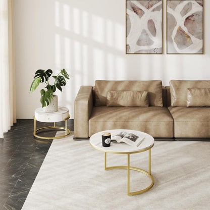 Couchtische Rund mit Stauraum 2er Set Weiß Gold Marmor Modern 70 & 50