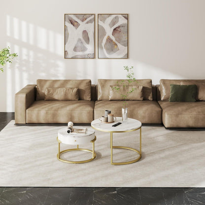 Runde Couchtische Weiß Gold Marmor 2er Set Stauraum WoZi Modern