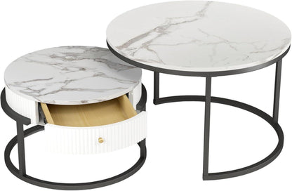 Runder Couchtisch mit Schublade Marmoroptik Weiß 2er Set