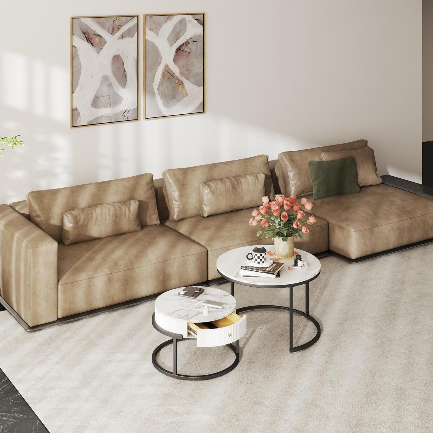 Runder Couchtisch mit Schublade Marmor Optik Weiß Φ 70 cm
