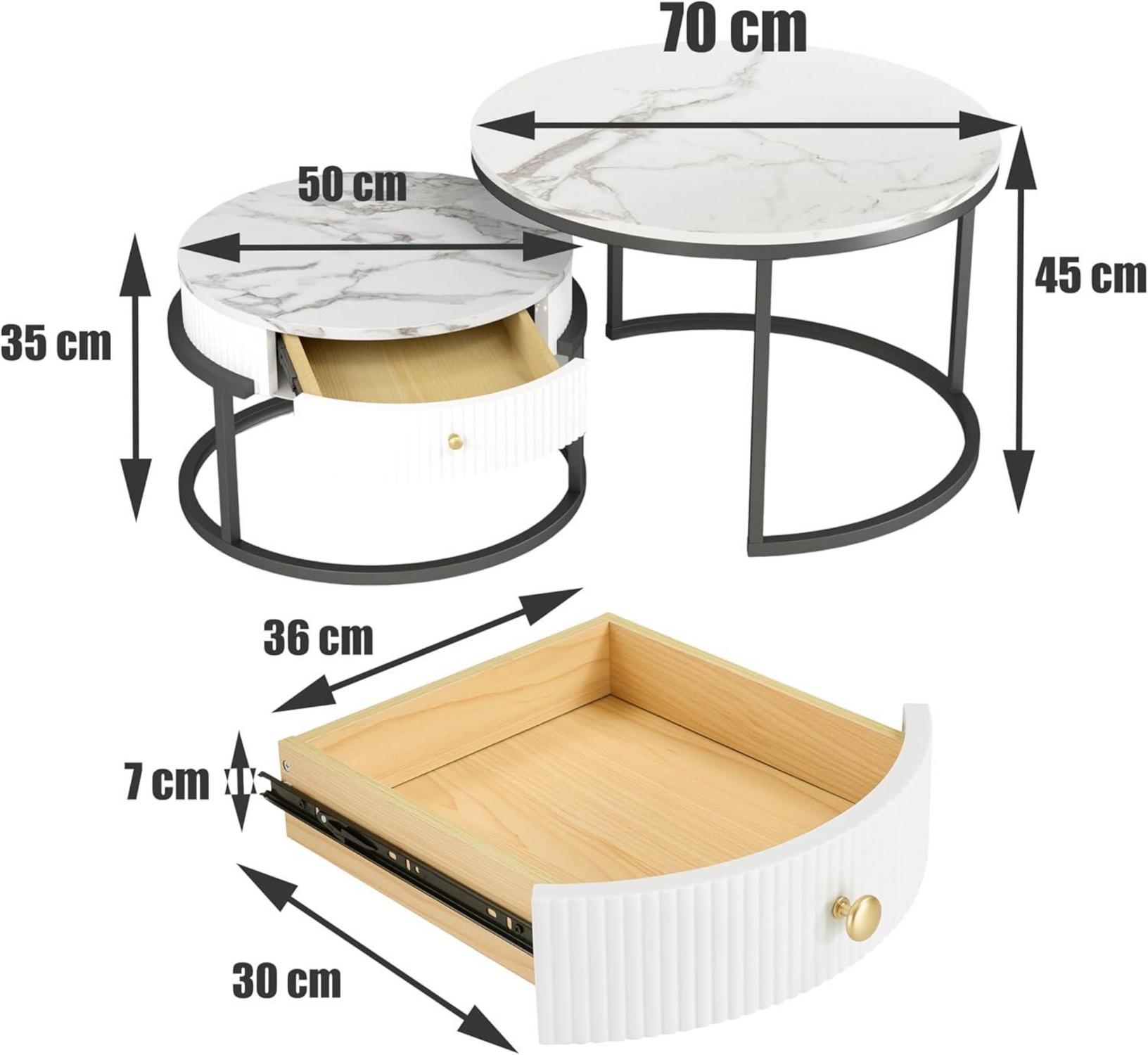 Runder Couchtisch mit Schublade Marmoroptik Weiß 2er Set