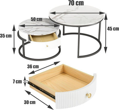 Runder Couchtisch mit Schublade Marmoroptik Weiß 2er Set