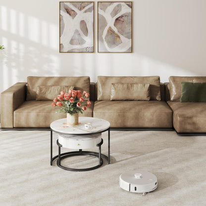 Runder Couchtisch mit Schublade in Marmor Optik Weiß Φ 70 cm & Φ 50 cm