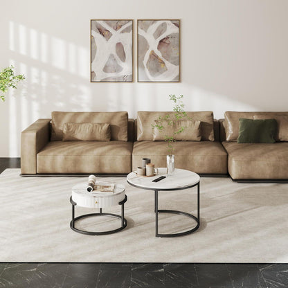 Runder Couchtisch mit Schublade in Marmor Optik Weiß Φ 70 cm & Φ 50 cm