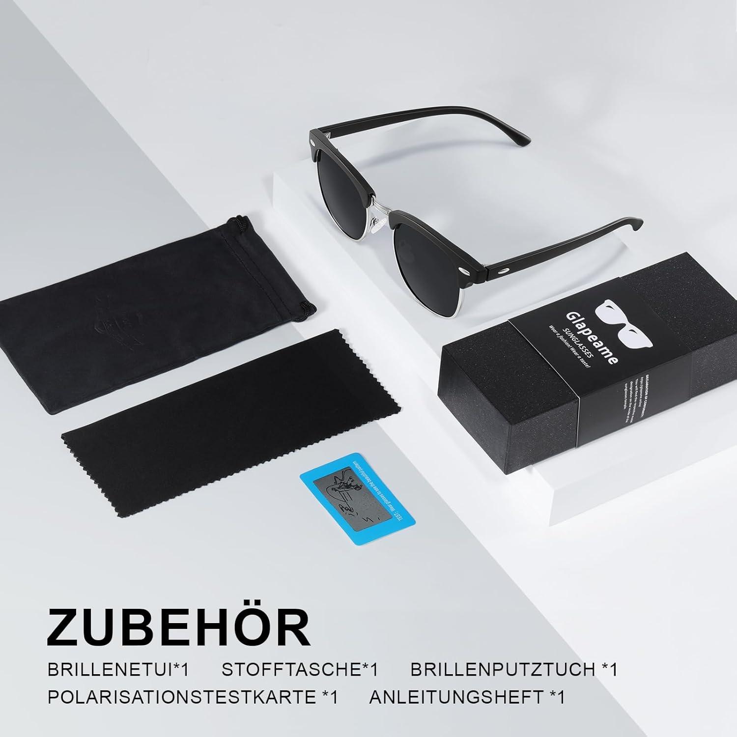 Polarisierte Halbrahmen-Sonnenbrille Herren Damen UV400 Schwarz retro