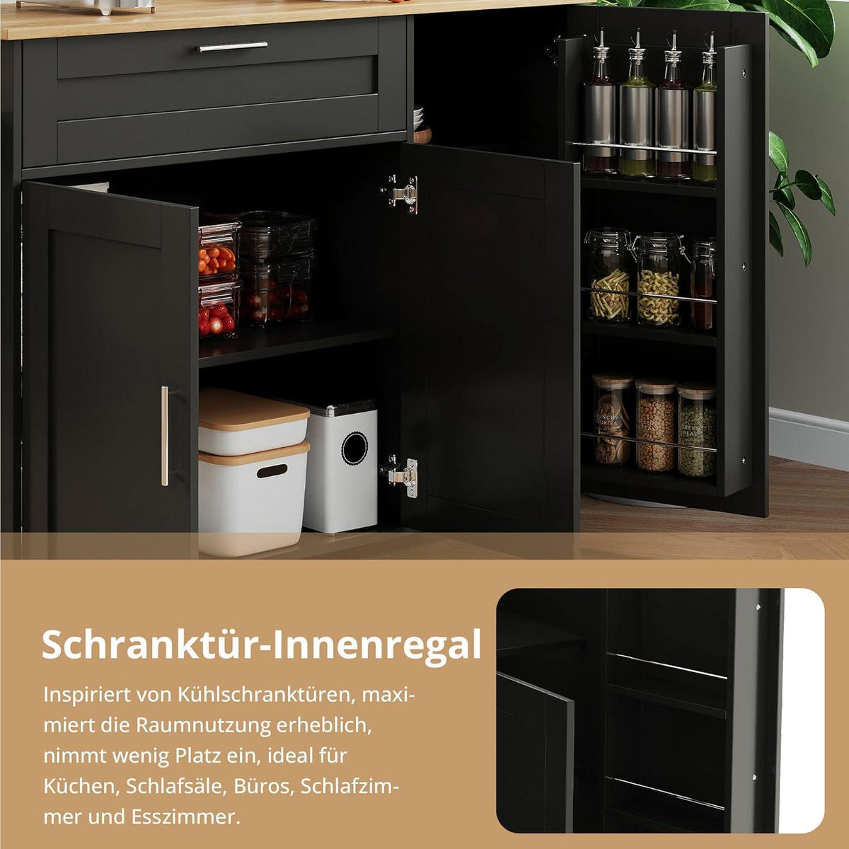 Bewegliche Kücheninsel mit abklappbarer Arbeitsplatte Schwarz