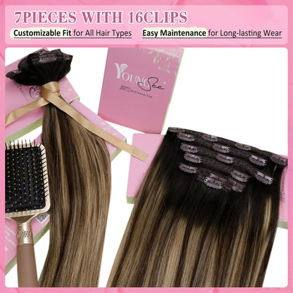 Clip-in Echthaar Extensions Schwarz Balayage Braun Blond 55cm