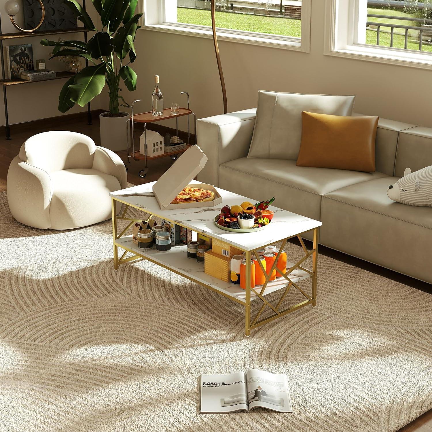 Moderne Marmor Couchtisch mit Stauraum in Weiß-Gold