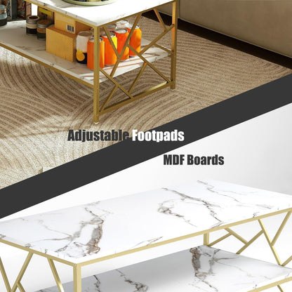 Modern Wohnzimmertisch Weiß Marmor Couchtisch mit Stauraum Gold Tisch