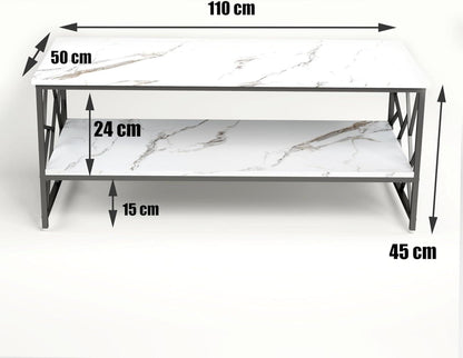 Moderner Couchtisch Marmor Optik Weiß mit Stauraum