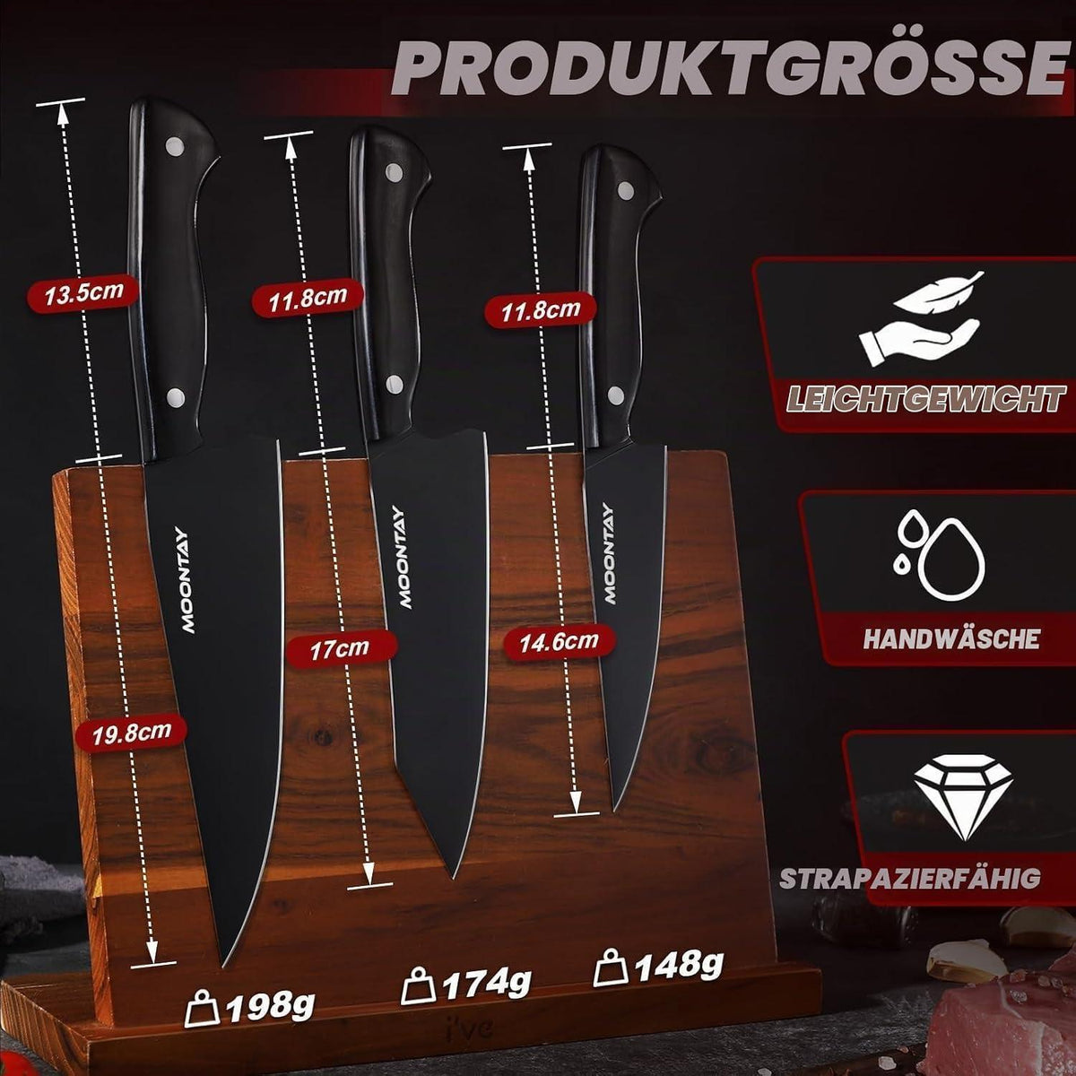 3-teiliges Küchenmesser-Set mit Geschenkbox – Edelstahl & Holzgriff