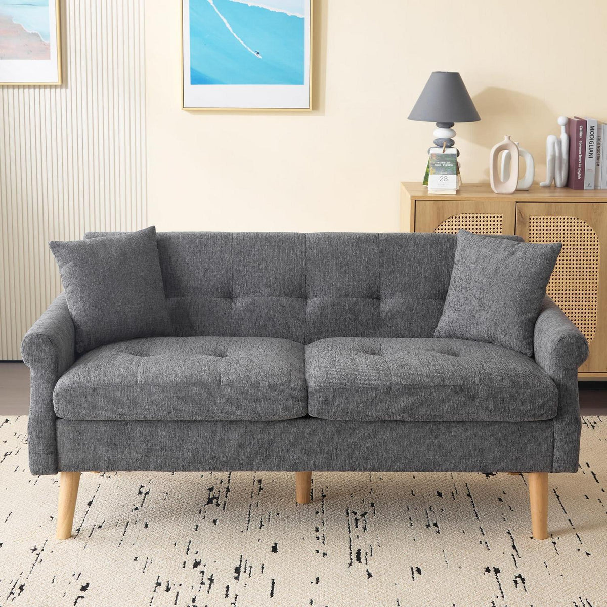 Schlafsofa Grau, 2-Sitzer Couch mit Kissen & Massivholzfüßen