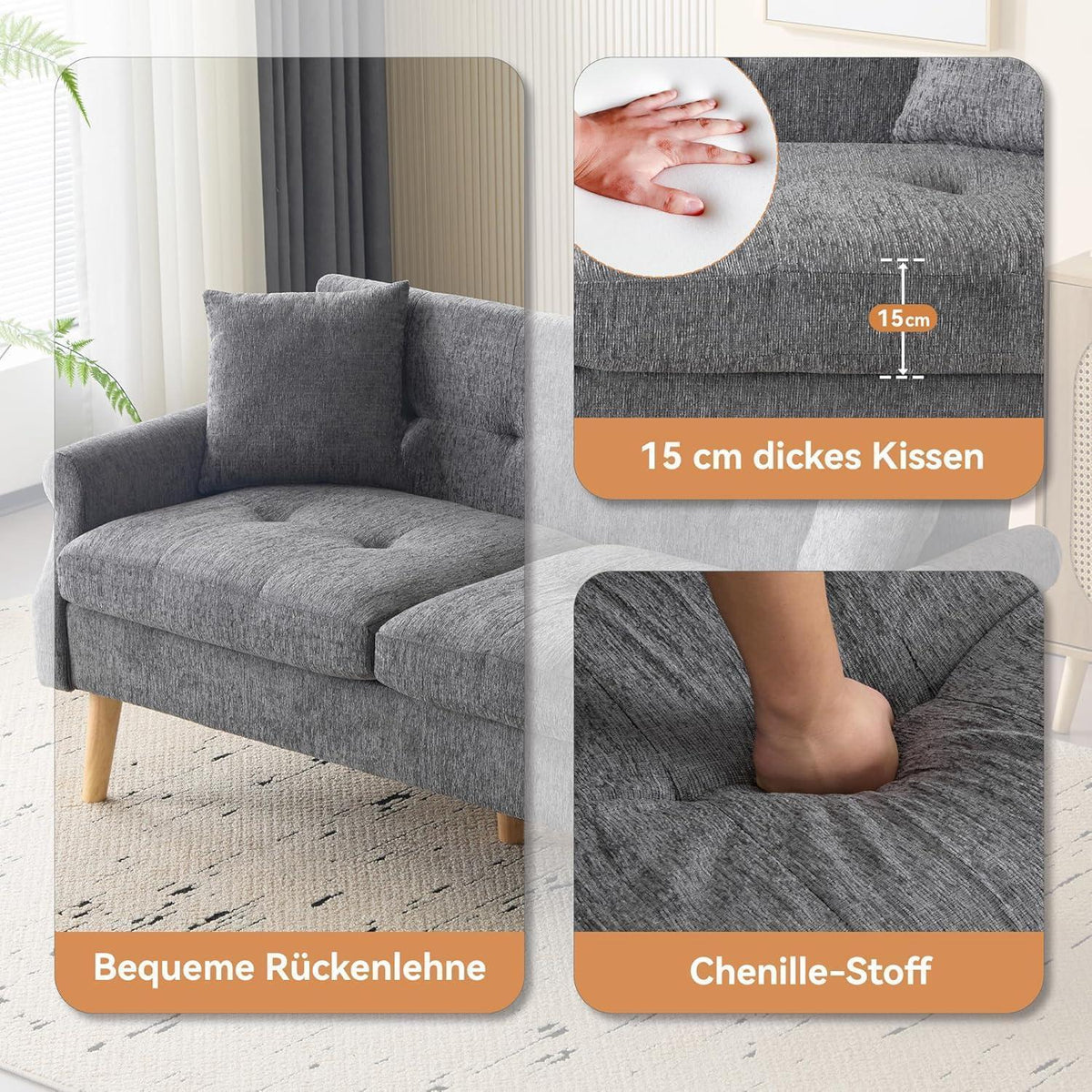 Schlafsofa Grau, 2-Sitzer Couch mit Kissen & Massivholzfüßen
