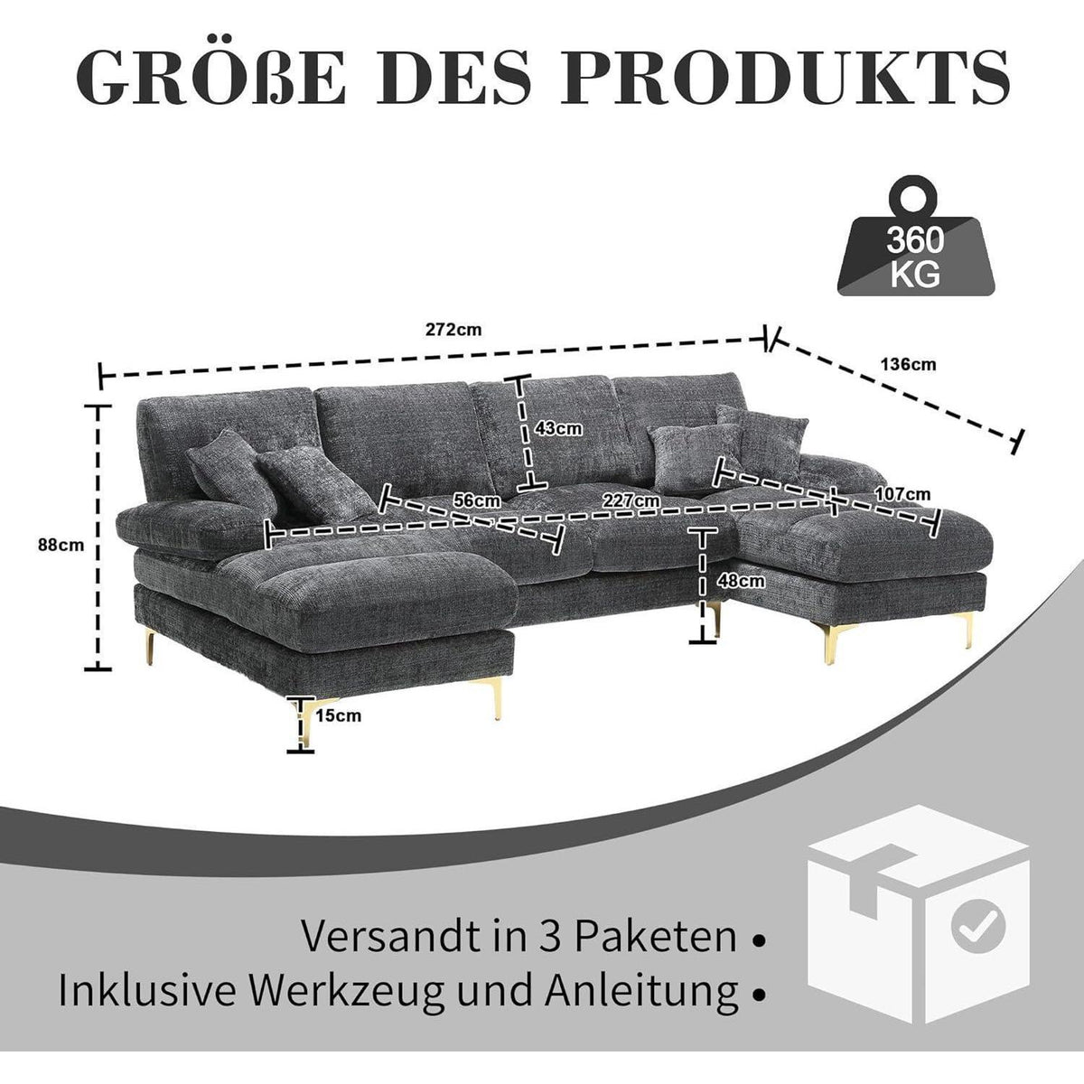 Modernes Ecksofa U-Form mit Liegepositionen & Chenille-Stoff (Grau)