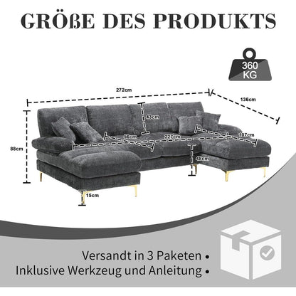 Modernes Ecksofa U-Form mit Liegepositionen & Chenille-Stoff (Grau)