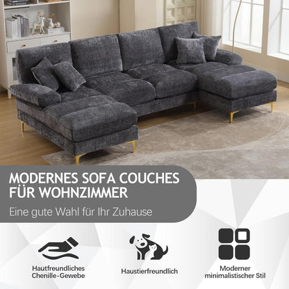 Modernes Ecksofa U-Form mit Liegepositionen & Chenille-Stoff (Grau)