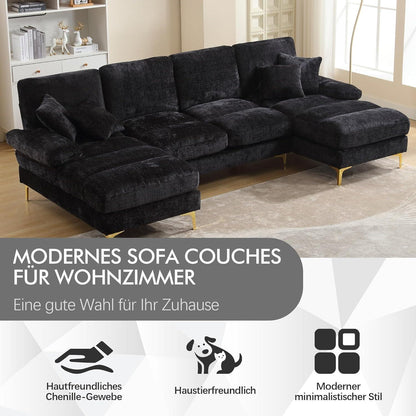 Modernes Ecksofa U-Form mit Liegefläche & Chenille-Stoff (Schwarz)