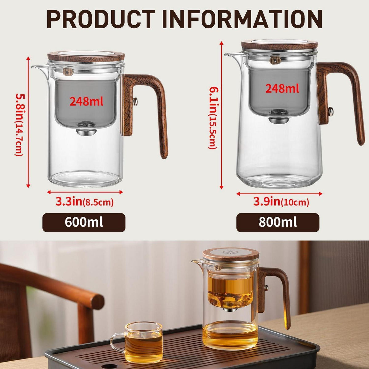 Glas Teekanne mit Sieb & Holzoptik Griff (800ml)