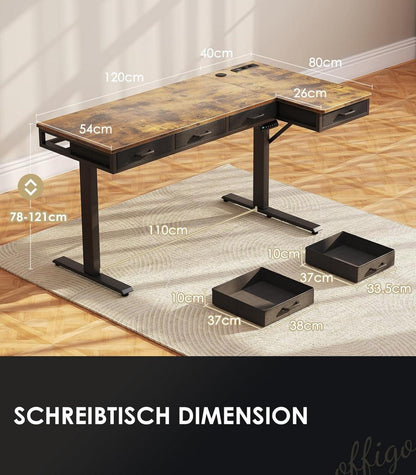 Höhenverstellbarer Eckschreibtisch mit Steckdose, 4 Schublade - Braun
