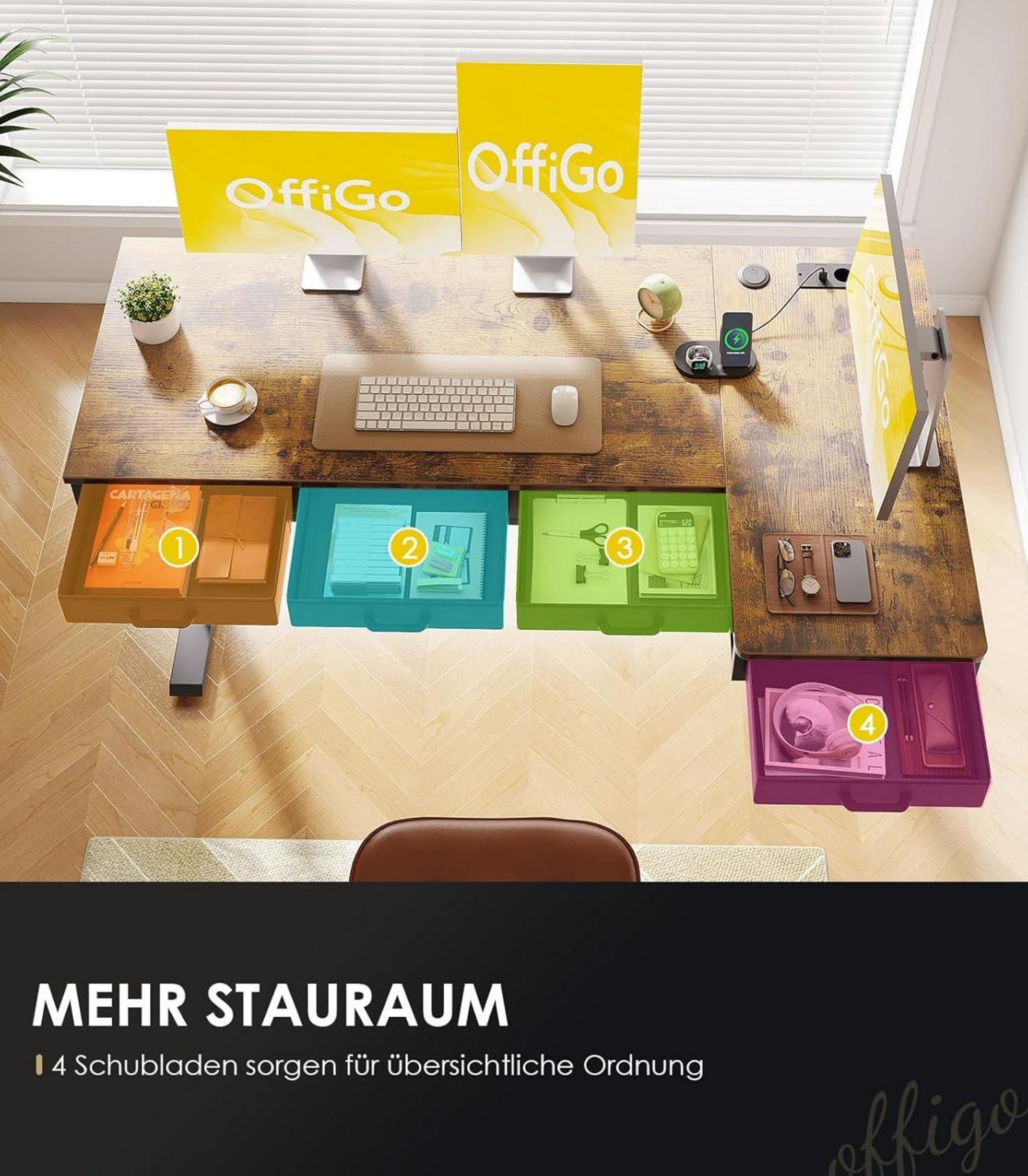 OffiGo Eckschreibtisch höhenverstellbar mit 4 Schubladen, L-förmiger Tisch, Steckdose, 160cm - Rustikales Braun