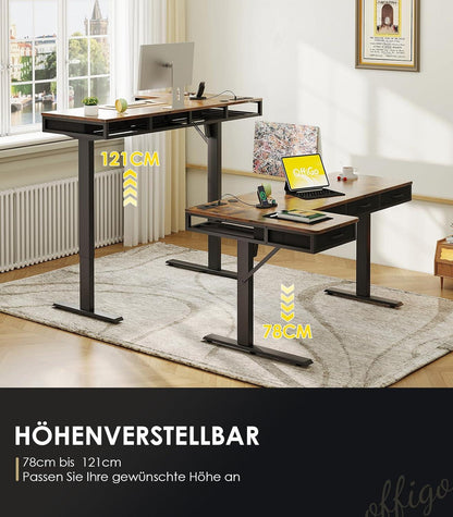 OffiGo Eckschreibtisch höhenverstellbar mit 4 Schubladen, L-förmiger Tisch, Steckdose, 160cm - Rustikales Braun