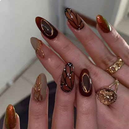 24 Stück Herbst Press-On Nägel Mittel Almond Brauner Schmetterling und