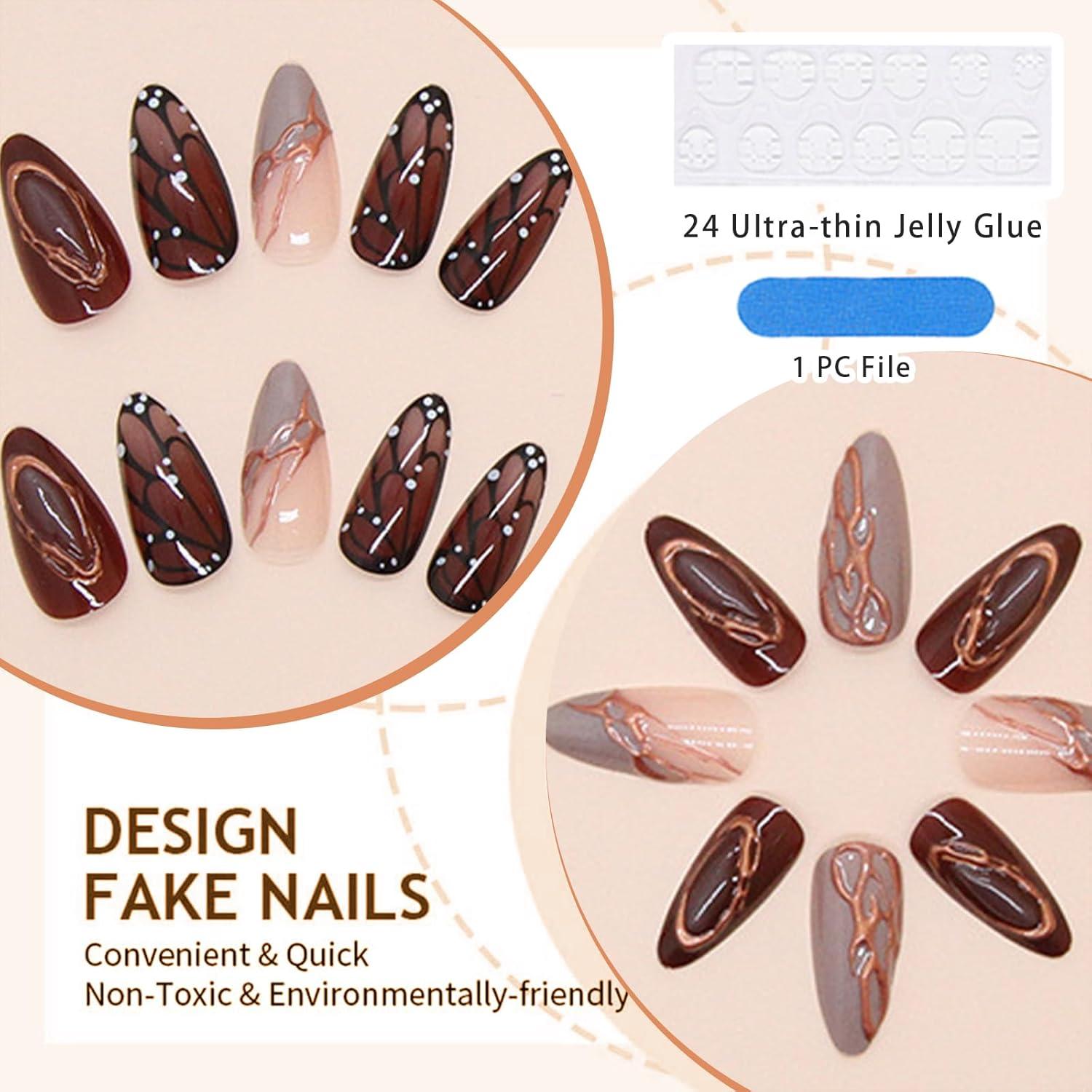 24 Stück Herbst Press-On Nägel Mittel Almond Brauner Schmetterling und