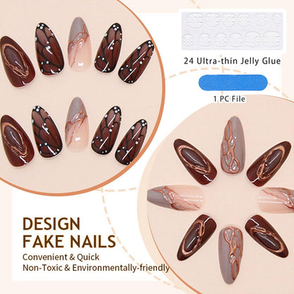 24 Stück Herbst Press-On Nägel Mittel Almond Brauner Schmetterling und