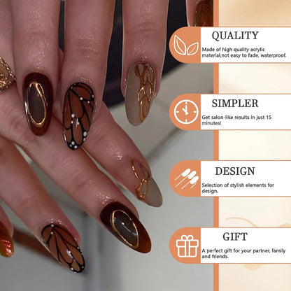 GlamRays 24 Stück Mittel Almond Press-On Falsche Nägel mit Schmetterling und Streifen Design