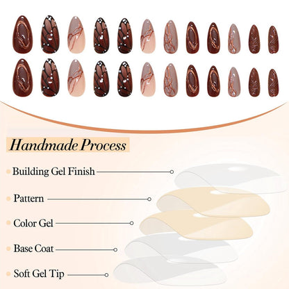 Herbst Almond Press-On Falsche Nägel Schmetterling Streifen 24 Stück