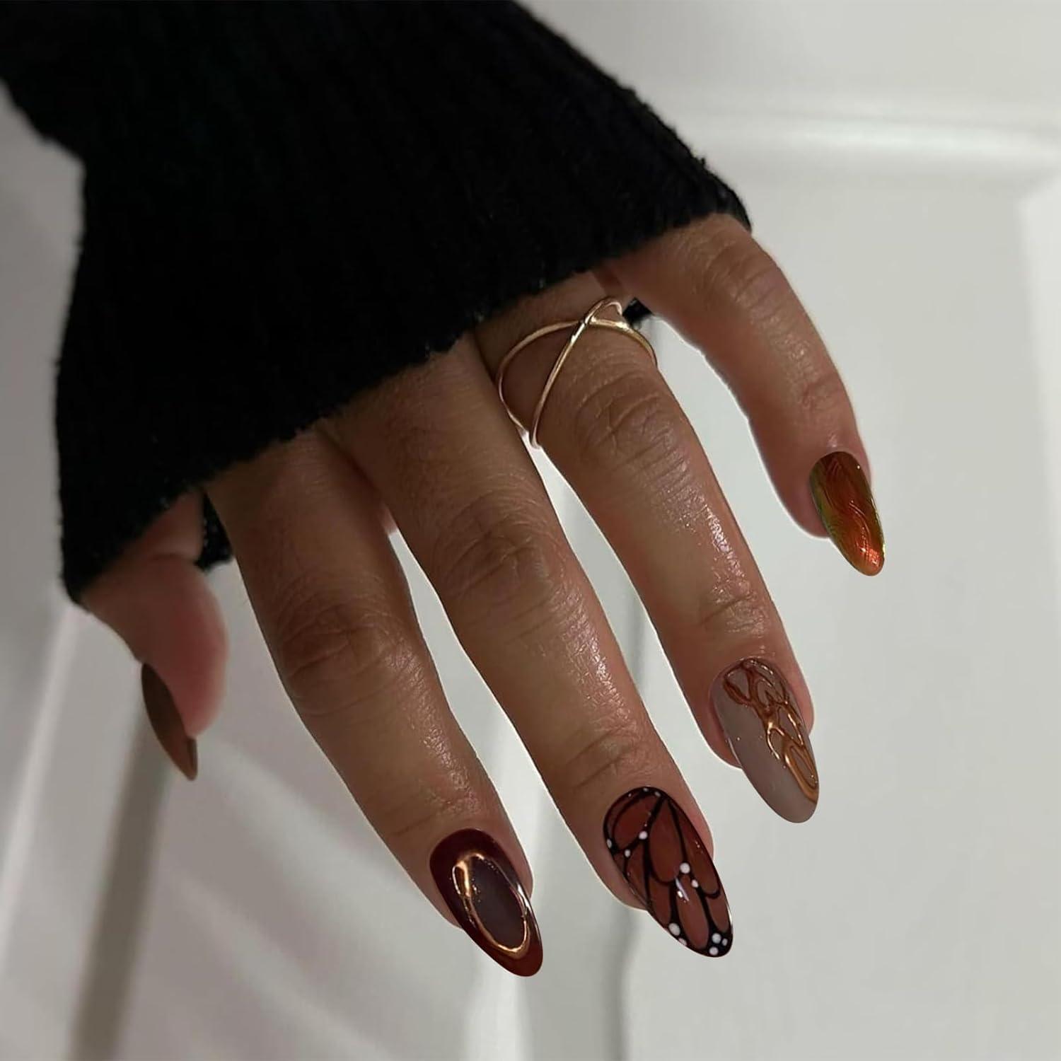 24er Set Herbst Press-On Nägel Mittel Almond mit Schmetterling und