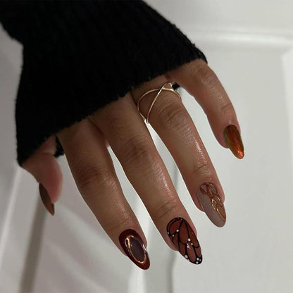 24er Set Herbst Press-On Nägel Mittel Almond mit Schmetterling und
