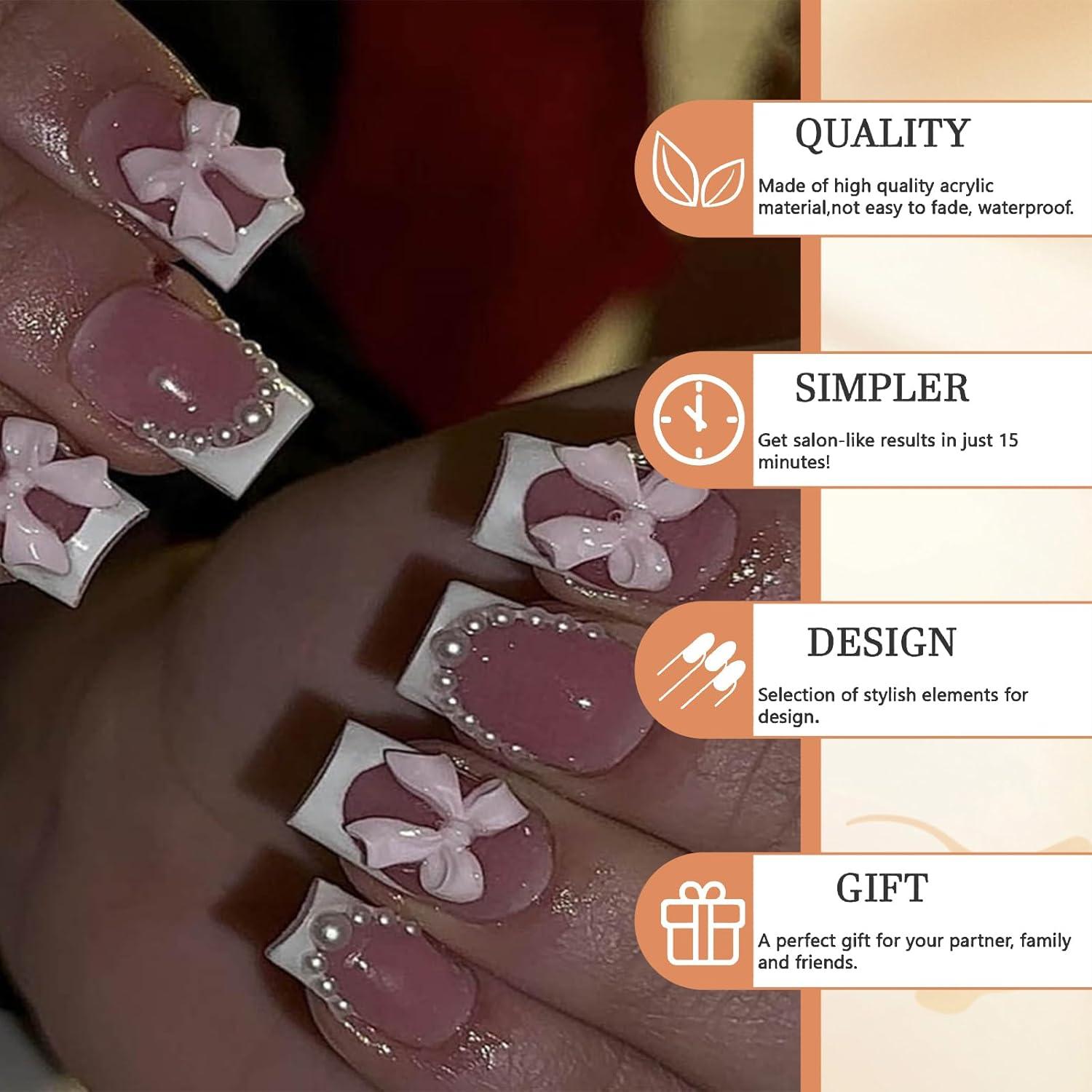 Kurze Quadratische Press-on Nägel Weiß Pink Acryl Glänzend 24
