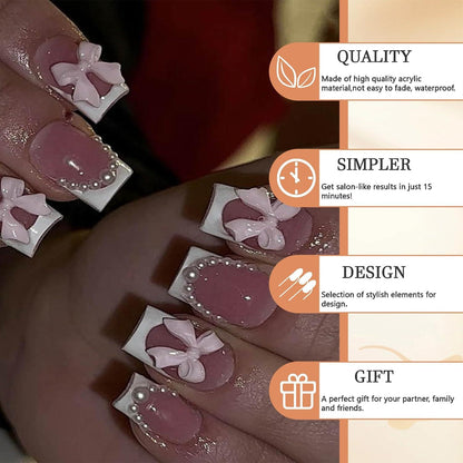 Kurze Quadratische Press-on Nägel Weiß Pink Acryl Glänzend 24