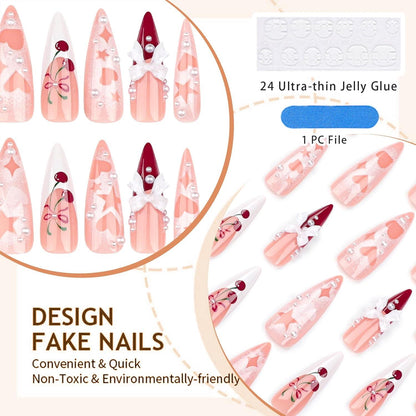 24er Set Lange Press-On Nägel Stiletto Kirschen Design Pink 3D