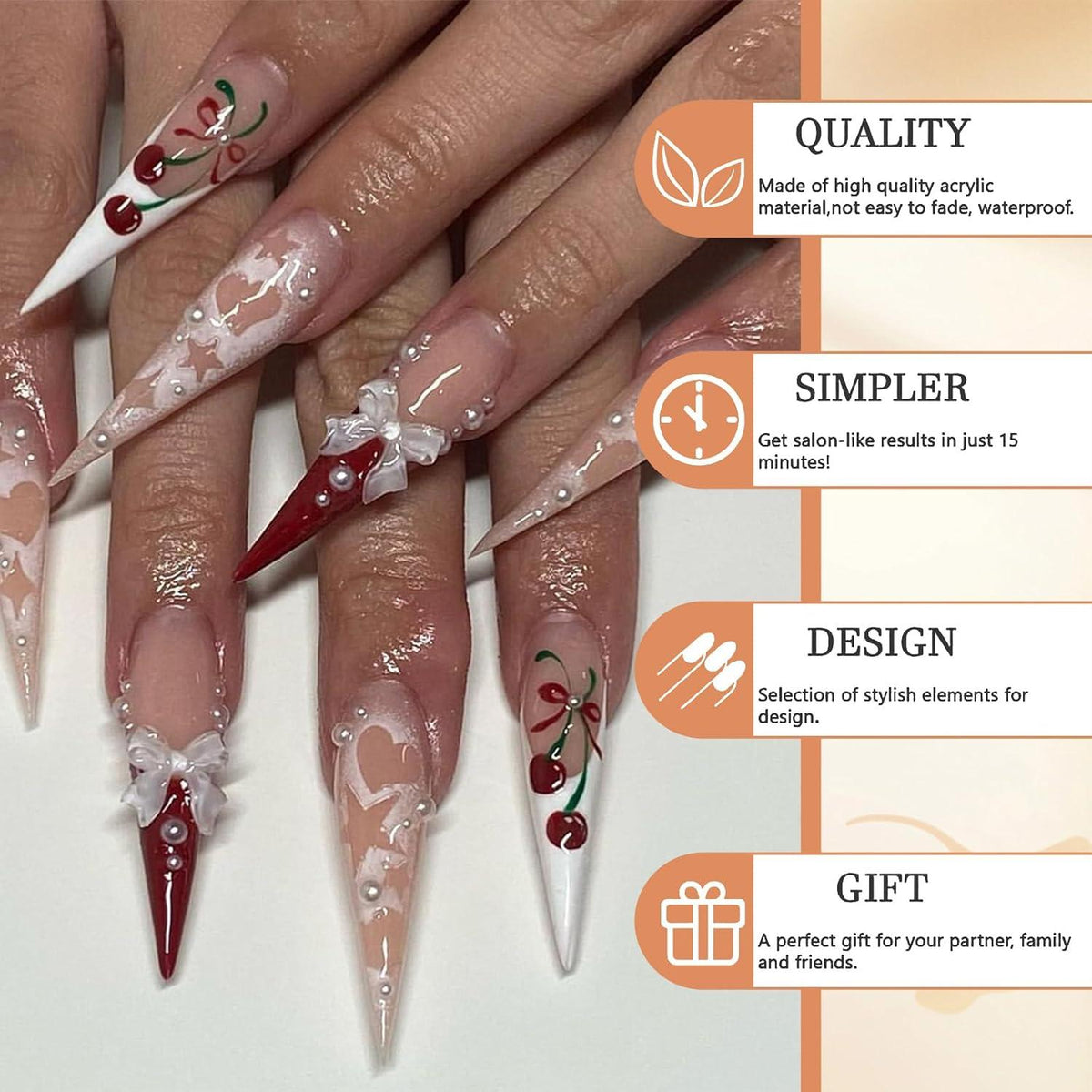 24 Stück Langer Stiletto Press-On Nägel Pink Kirschen Design Acryl Nägel